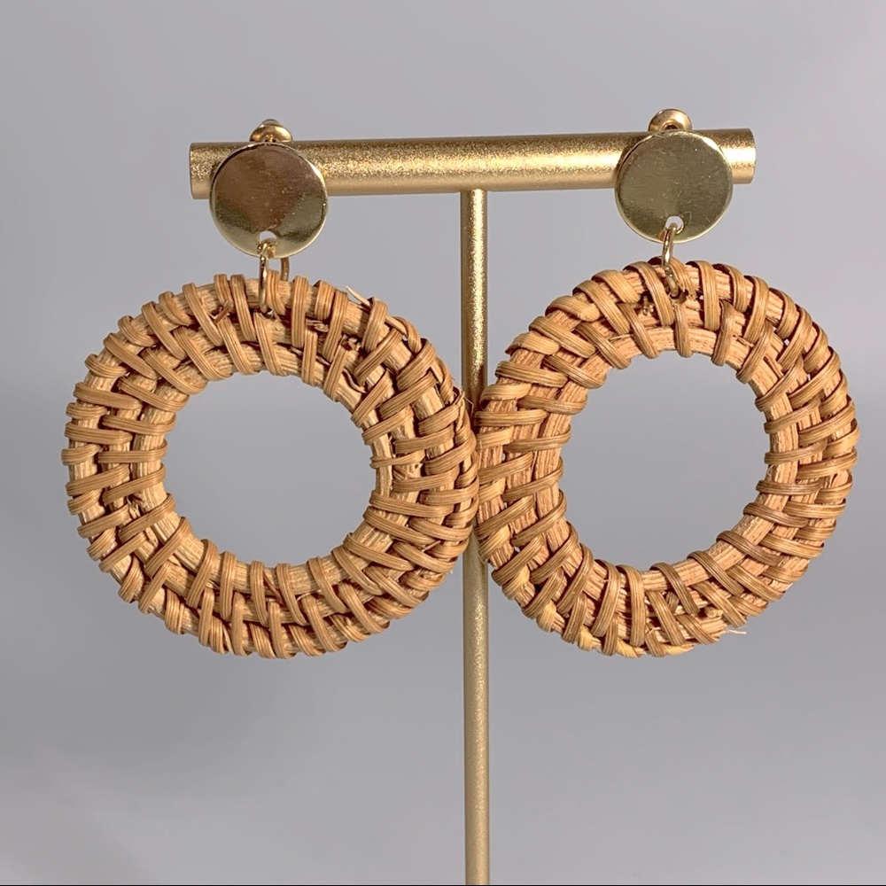 Natural Woven Rattan Gold Statement Earrings Boho Festival